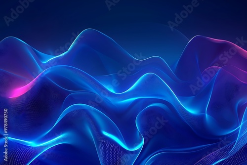 Dark blue abstract background with ultraviolet neon glow, blurry light lines, waves, Abstract Blue and Purple Swirling Light Waves on Dark Background - Digital Art Design ,
