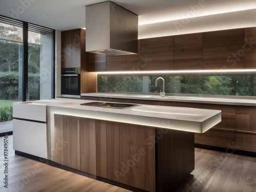 Modern kitchen with a large island, wood cabinets, and a stainless steel range hood.