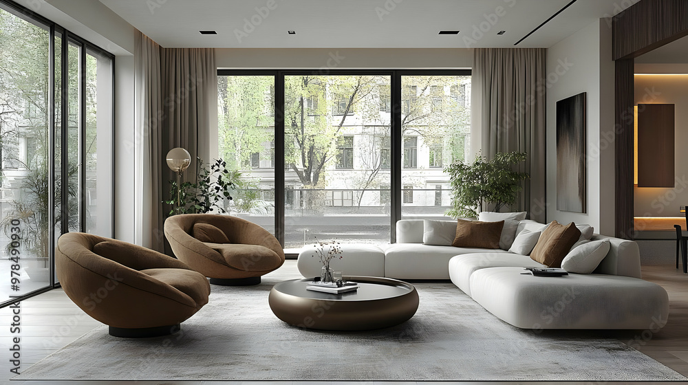 Modern Living Room Design with Brown Armchairs, White Sectional Sofa, and Large Windows Modern Living Room Design with Brown Armchairs, White Sectional Sofa, and Large Windows