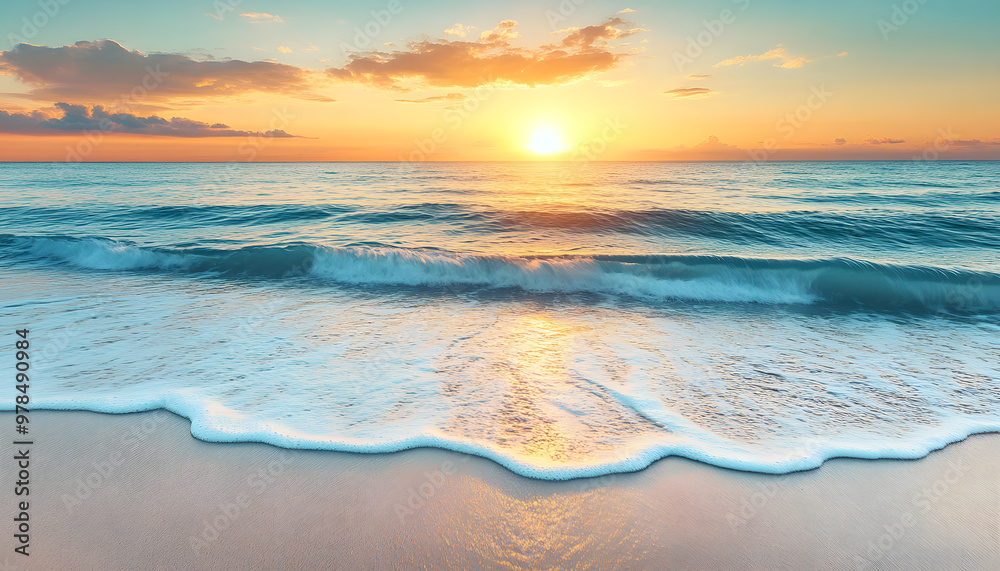 Fototapeta premium Crystal-clear turquoise waters with gentle waves lapping at a pristine beach under a golden sunset