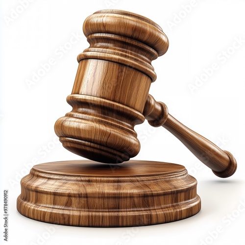 The Gavel's Decree: A polished wooden gavel rests atop its sound block, embodying the weight of justice and finality in a courtroom setting.  photo