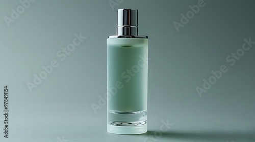 Scent of Serenity: A frosted glass perfume bottle, capped in silver, stands elegantly against a muted teal backdrop, promising a refreshing and sophisticated fragrance. 