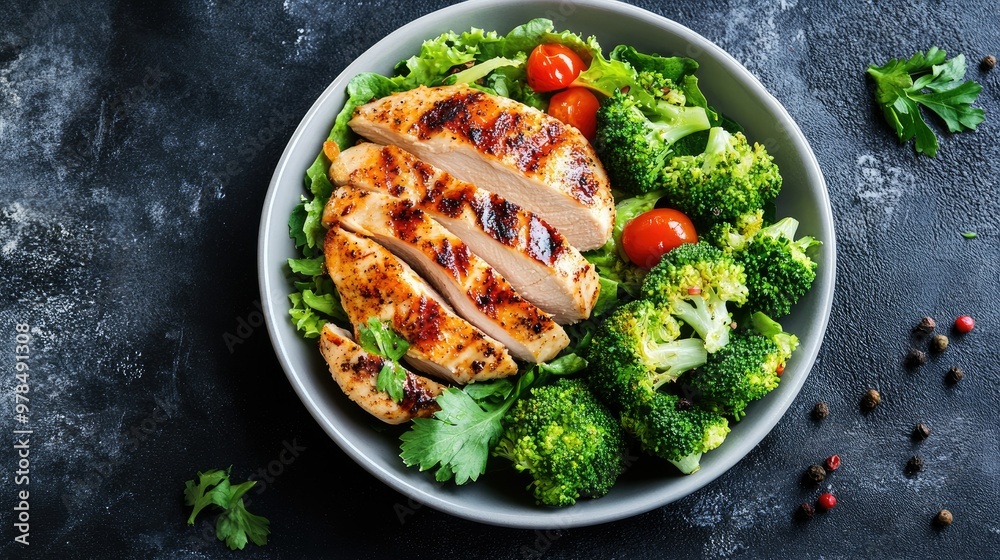 Grilled roast chicken breast served with crisp salad and steamed broccoli. A wholesome and nutritious meal perfect for those focusing on clean eating and balanced diets Grilled roast chicken breast served with crisp salad and steamed broccoli. A wholesome and nutritious meal perfect for those focusing on clean eating and balanced diets