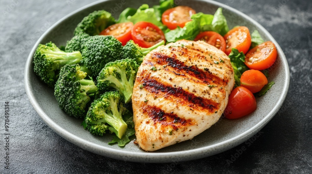 Grilled roast chicken breast served with crisp salad and steamed broccoli. A wholesome and nutritious meal perfect for those focusing on clean eating and balanced diets Grilled roast chicken breast served with crisp salad and steamed broccoli. A wholesome and nutritious meal perfect for those focusing on clean eating and balanced diets