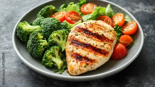 Grilled roast chicken breast served with crisp salad and steamed broccoli. A wholesome and nutritious meal perfect for those focusing on clean eating and balanced diets