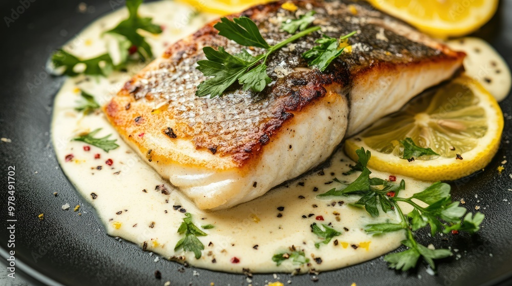 Grilled sea bass fillet served with a creamy lemon sauce, garnished with fresh herbs and citrus slices, making for a refreshing seafood dish. Grilled sea bass fillet served with a creamy lemon sauce, garnished with fresh herbs and citrus slices, making for a refreshing seafood dish.
