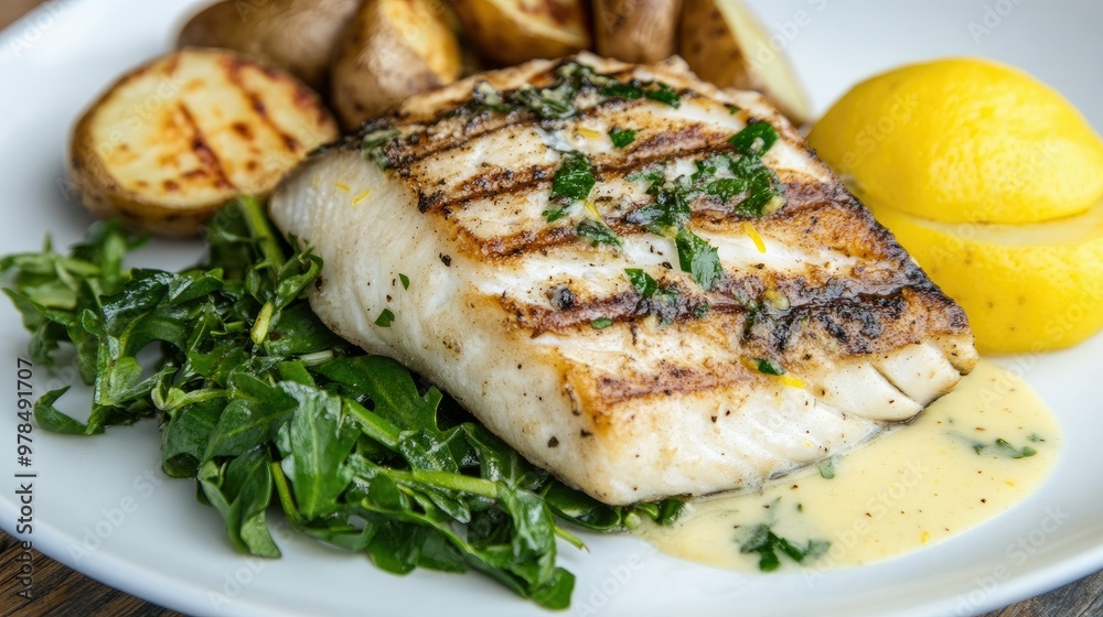 Grilled sea bass fillet with a citrusy lemon cream sauce, served with vibrant greens and a side of baby potatoes, offering a fresh, refined seafood dish. Grilled sea bass fillet with a citrusy lemon cream sauce, served with vibrant greens and a side of baby potatoes, offering a fresh, refined seafood dish.