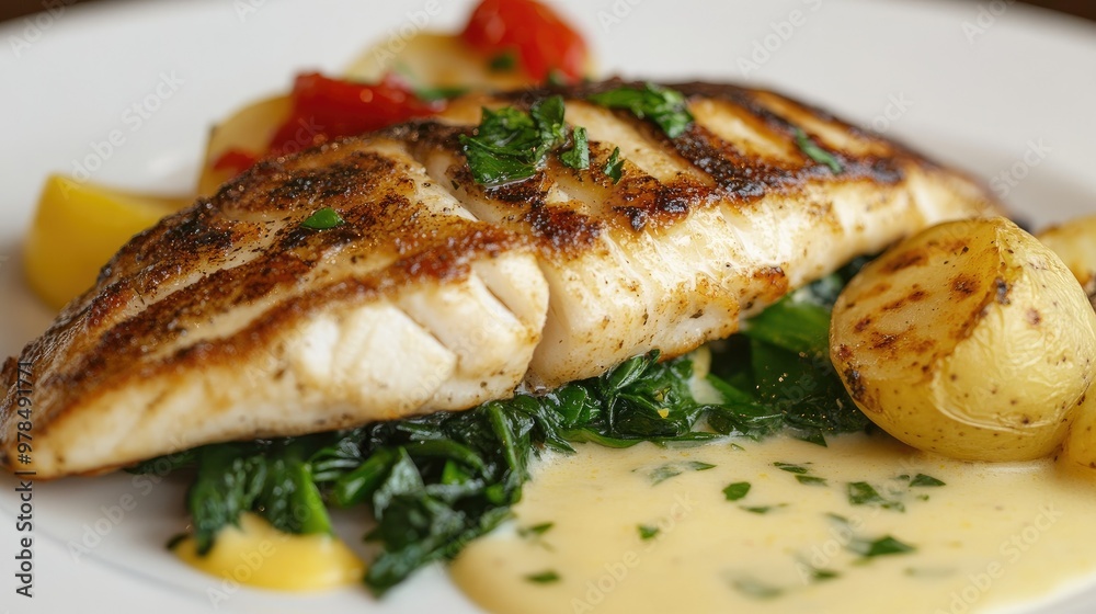 Grilled sea bass fillet with a citrusy lemon cream sauce, served with vibrant greens and a side of baby potatoes, offering a fresh, refined seafood dish. Grilled sea bass fillet with a citrusy lemon cream sauce, served with vibrant greens and a side of baby potatoes, offering a fresh, refined seafood dish.