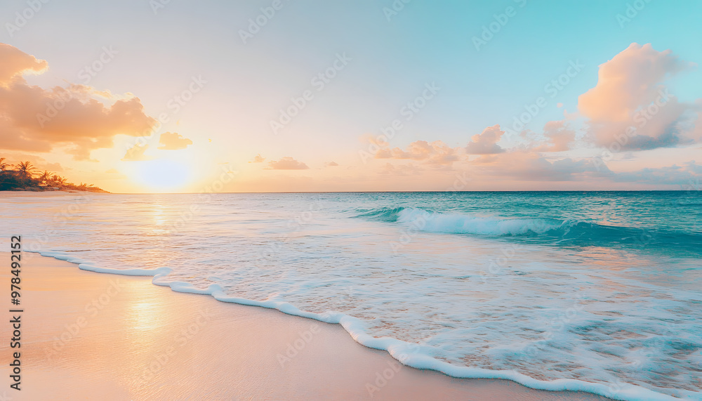 Fototapeta premium Crystal-clear turquoise waters with gentle waves lapping at a pristine beach under a golden sunset