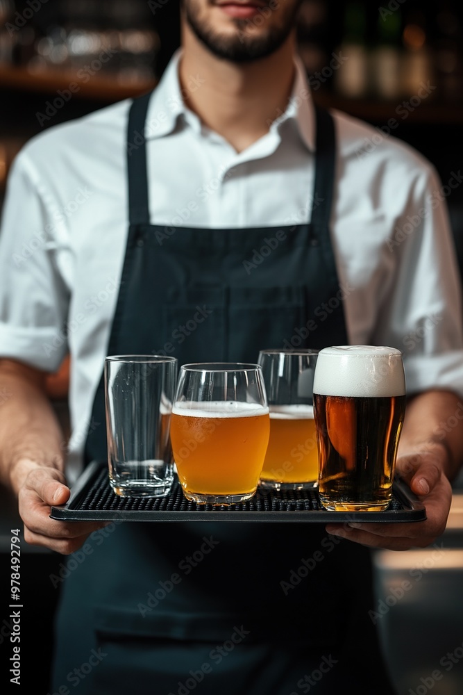 A waiter's tray with two drinks and empty glasses. National waiter day. A waiter's tray with two drinks and empty glasses. National waiter day.