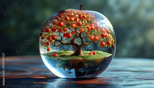 surreal depiction of an apple tree housed within a transparent crystal apple