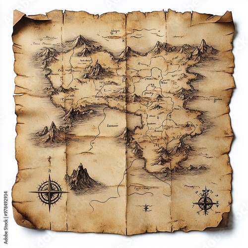 Ancient Treasure Map:  A weathered, hand-drawn parchment map with a compass, detailing a mysterious and unexplored land, hinting at hidden treasures and forgotten adventures. photo