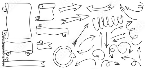 Doodle sketch set. Vector illustration bundle. Ribbons and arrows