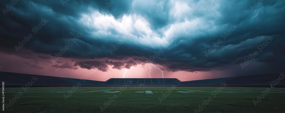 Naklejka premium A landscape view of a football stadium during a thunderstorm, with lightning striking in the distance, football stadium, thunderstorm, lightning