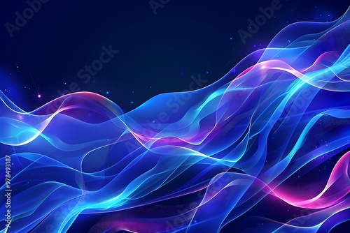 Dark blue abstract background with ultraviolet neon glow, blurry light lines, waves, Abstract Blue and Purple Swirling Light Waves on Dark Background - Digital Art Design ,

