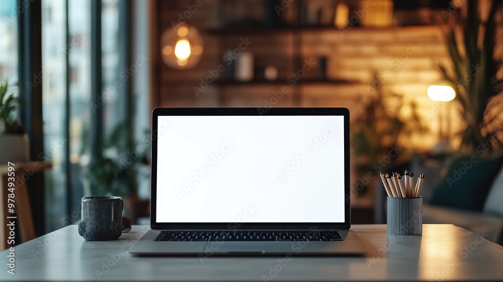 Over shoulder view of white blank empty mockup laptop screen for advertising. Indian adult male student having virtual meeting, training online call, educational webinar, chatting or working at home Over shoulder view of white blank empty mockup laptop screen for advertising. Indian adult male student having virtual meeting, training online call, educational webinar, chatting or working at home