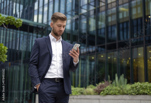 Businessman in Suit Using Smartphone Outside Modern Office Building