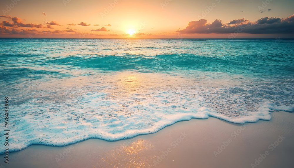Fototapeta premium Crystal-clear turquoise waters with gentle waves lapping at a pristine beach under a golden sunset