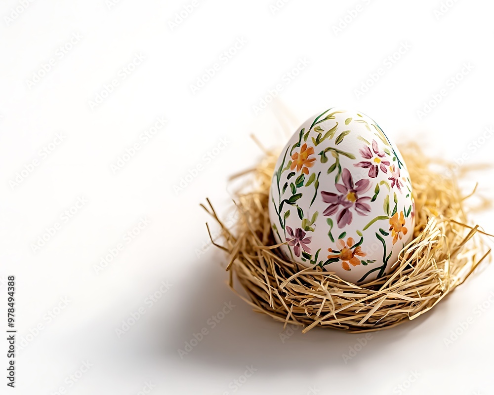 hand-painted Easter egg nestled in a small bed of straw isolated on a white background hand-painted Easter egg nestled in a small bed of straw isolated on a white background
