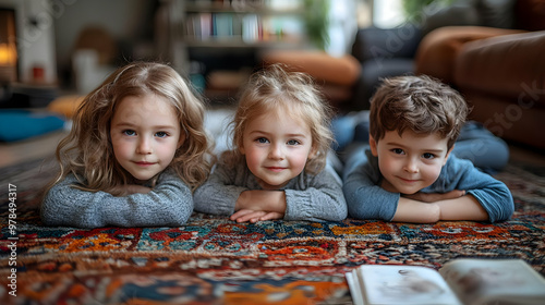 Three Kids Smiling and Lying on a Rug with a Book