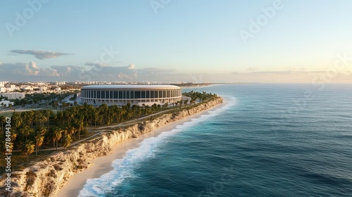 Wallpaper Mural A stadium nestled along a coastline, with waves crashing against the shore and palm trees swaying, stadium, coastline, palm trees Torontodigital.ca