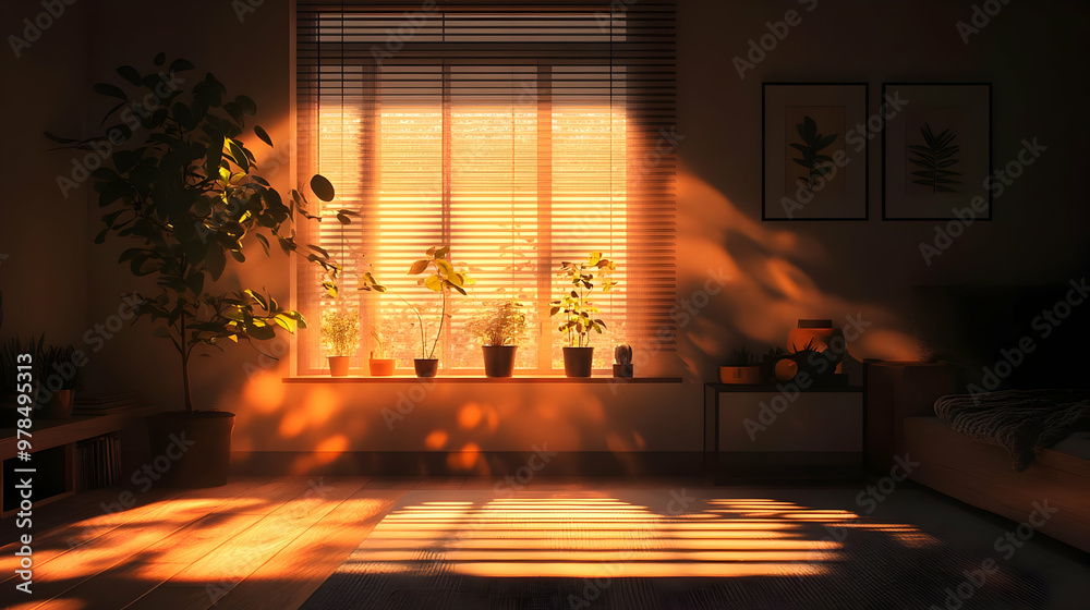 Golden Hour Sunbeams Shining Through Window in Room with Plants Stock ...