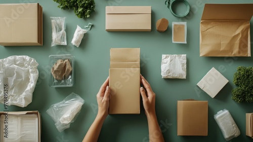  individuals practicing sustainable packaging, using biodegradable, reusable, or minimal packaging solutions in a clean, organized environment photo