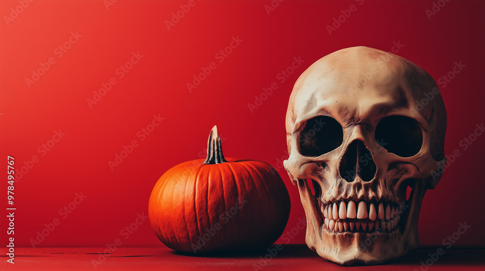 A skull and an orange pumpkin rest side by side against a bright red background, creating a festive Halloween atmosphere perfect for seasonal promotions, copy space A skull and an orange pumpkin rest side by side against a bright red background, creating a festive Halloween atmosphere perfect for seasonal promotions, copy space