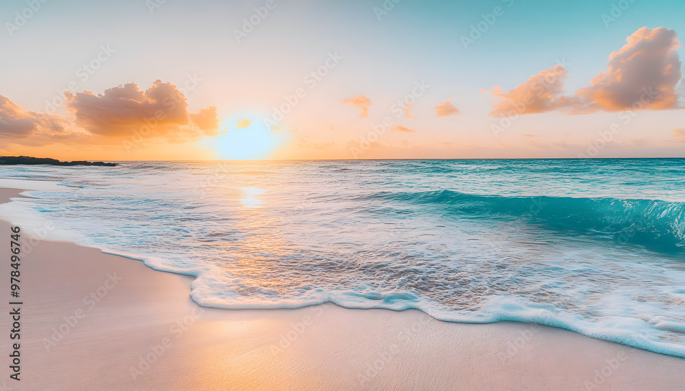 Crystal-clear turquoise waters with gentle waves lapping at a pristine beach under a golden sunset Crystal-clear turquoise waters with gentle waves lapping at a pristine beach under a golden sunset