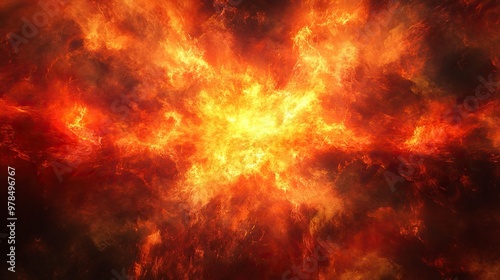 Dramatic fire and smoke effect glowing red and yellow colors exploding outwards with center space. Vivid and hot hell abstract or blazing fire background or wallpaper.generative ai