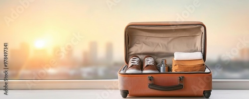 Travel suitcase with an open top showing neatly packed clothes