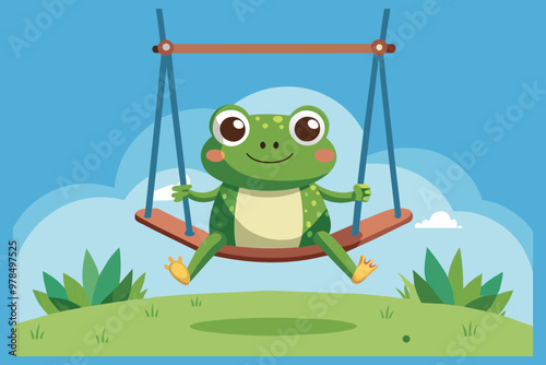 a cute frog swings on a swing A .eps