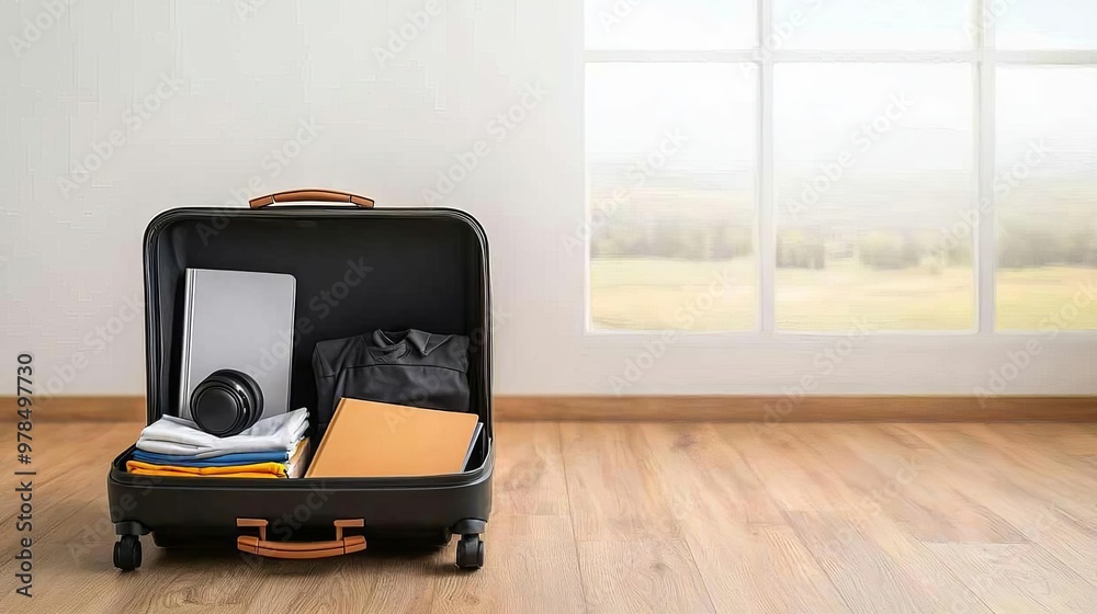Travel suitcase lying open on a wooden floor with neatly folded clothes Travel suitcase lying open on a wooden floor with neatly folded clothes