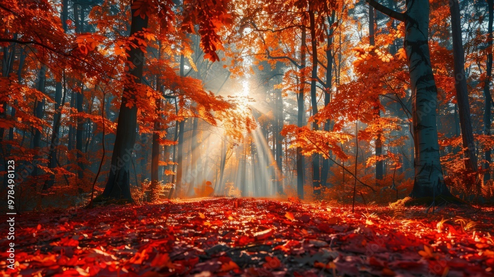 Fototapeta premium Sunbeams Through Autumn Forest