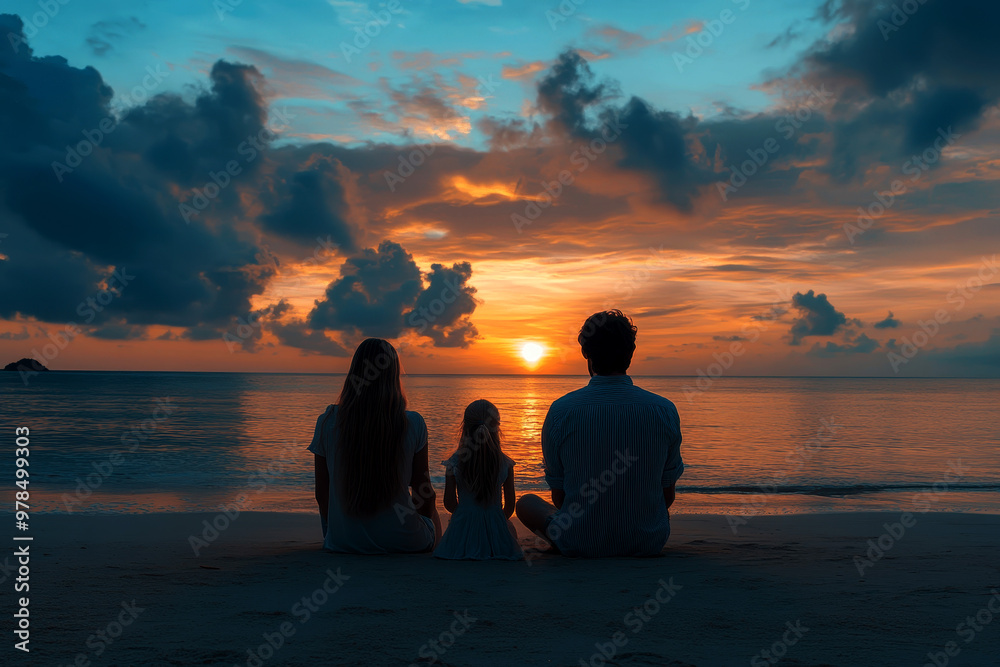 Silhouette of happy family sitting on sandy beach at the sunset, vacation time. Outdoor background. Silhouette of happy family sitting on sandy beach at the sunset, vacation time. Outdoor background.