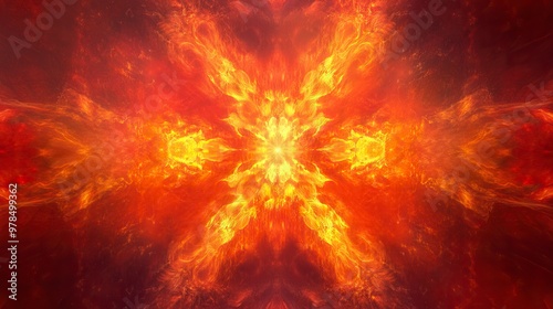 Dramatic fire and smoke effect glowing red and yellow colors exploding outwards with center space. Vivid and hot hell abstract or blazing fire background or wallpaper.generative ai