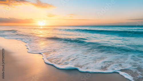 Crystal-clear turquoise waters with gentle waves lapping at a pristine beach under a golden sunset