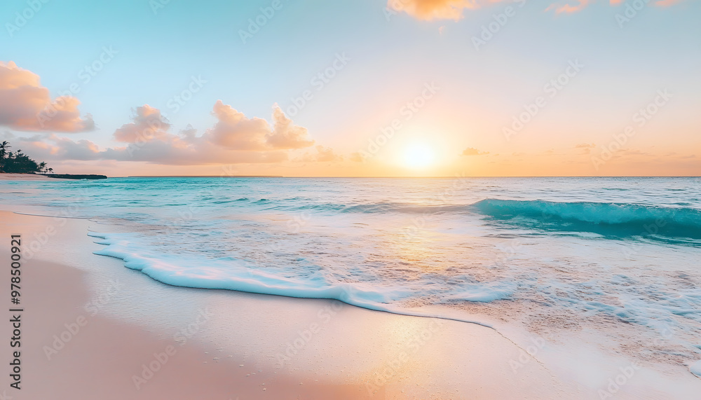 Crystal-clear turquoise waters with gentle waves lapping at a pristine beach under a golden sunset Crystal-clear turquoise waters with gentle waves lapping at a pristine beach under a golden sunset