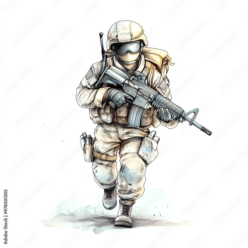 Fototapeta premium Soldier clipart with a uniform and rifle