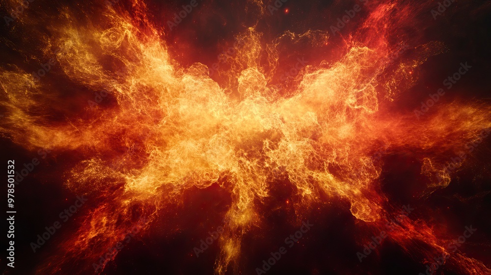 Fototapeta premium Dramatic fire and smoke effect glowing red and yellow colors exploding outwards with center space. Vivid and hot hell abstract or blazing fire background or wallpaper.generative ai