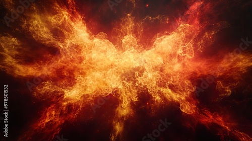 Dramatic fire and smoke effect glowing red and yellow colors exploding outwards with center space. Vivid and hot hell abstract or blazing fire background or wallpaper.generative ai