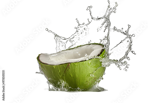 Isolated Coconut Water Splashing Out of a Fresh Coconut on a White Background