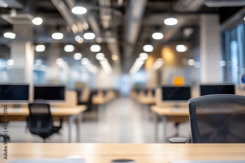 A modern office space featuring empty desks and computers in a bright, open environment.