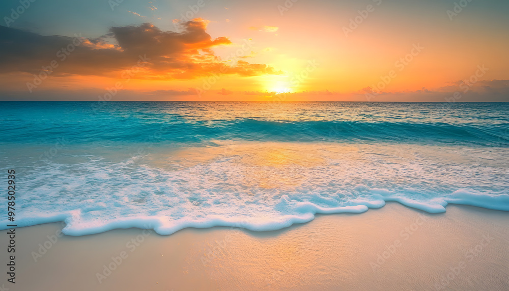 Crystal-clear turquoise waters with gentle waves lapping at a pristine beach under a golden sunset Crystal-clear turquoise waters with gentle waves lapping at a pristine beach under a golden sunset