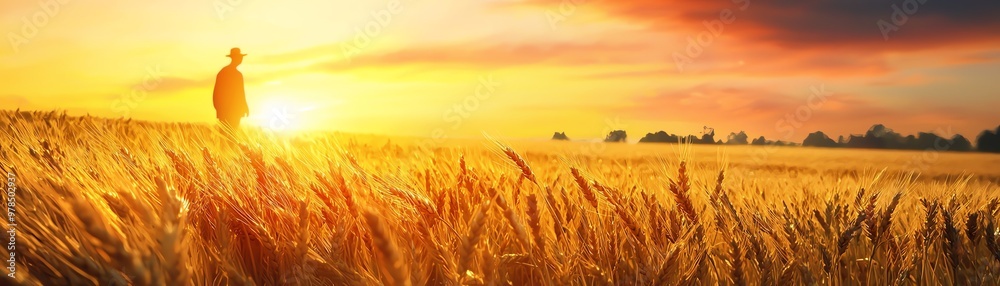 A serene sunset view over a golden wheat field, showcasing tranquility and nature's beauty with a lone figure in the distance. A serene sunset view over a golden wheat field, showcasing tranquility and nature's beauty with a lone figure in the distance.