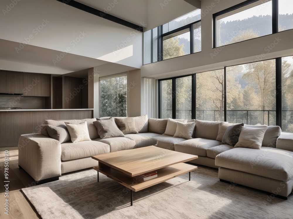 Modern living room with large sectional sofa and coffee table, overlooking a wooded area Modern living room with large sectional sofa and coffee table, overlooking a wooded area
