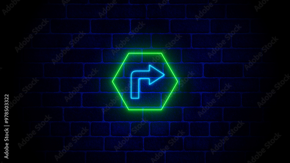 Wright neon arrow. Neon arrow icon. Neon right direction arrow icon glowing on brick. Wright neon arrow. Neon arrow icon. Neon right direction arrow icon glowing on brick.