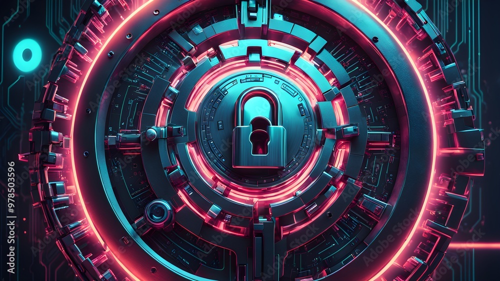 A silver padlock sits in the center of a circular, futuristic, metallic, abstract background with neon pink accents.