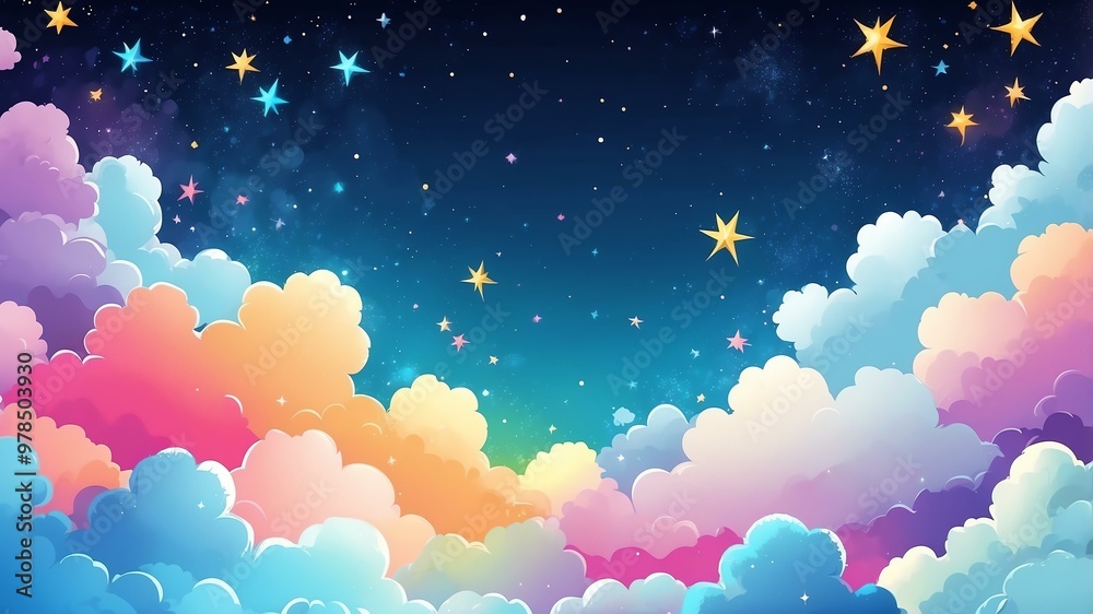 Fototapeta premium multi-colored fluffy clouds colorful background with sparkling gold stars, comic art style