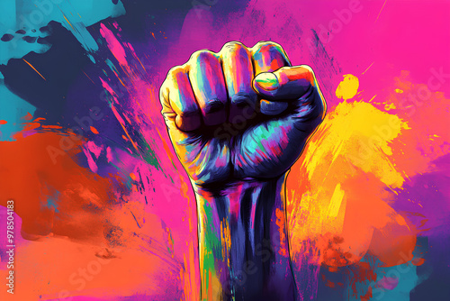 A vibrant, colorful depiction of a raised fist symbolizing strength and solidarity. photo